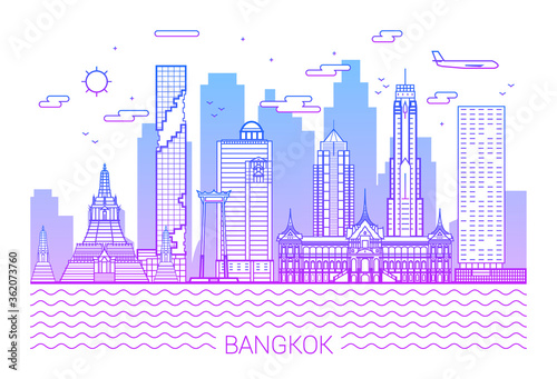 Bangkok city pink line art Vector illustration with all famous buildings. Cityscape. White background and pink line.