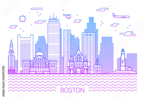 Boston city  Pink Line Art Vector illustration with all famous buildings on white background. Linear Banner with Showplace. Boston buildings set. White background and pink line.