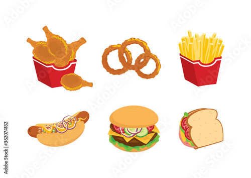 Favorite fast food meal icon set vector. Crispy fried chicken drumsticks, onion rings, french fries, hot dog, hamburger, sandwich icon vector. Fast food icon set isolated on a white background