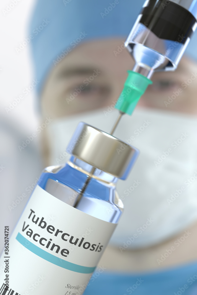 Vial with tuberculosis vaccine and needle of a syringe against blurred doctor's face. 3D rendering Vial with tuberculosis vaccine and needle of a syringe against blurred doctor's face. 3D rendering