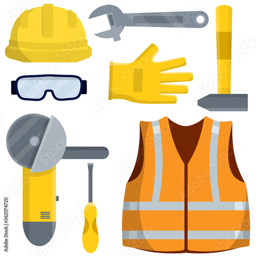 Set of clothes Builder and worker. Orange vest, helmet, glasses, gloves. Grinder and Repair and maintenance. Safety and tools. Cartoon flat illustration