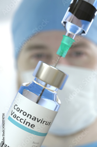 Vial with coronavirus vaccine and syringe against blurred doctor's face. 3D rendering