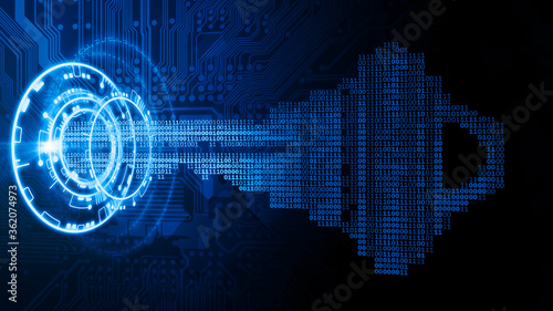 A Cybersecurity Concept Illustration; A Key Formed from Binary Code Ones and Zeros Goes Into an Abstract Lock photo