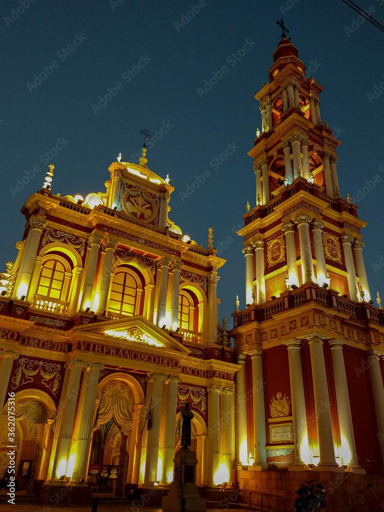 San Francisco Church lit up in Salta, Argentina at night