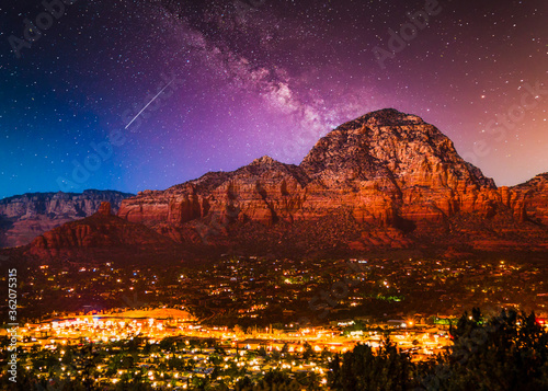 Принти на полотні Beautiful Milky Way Galaxy stars over Sedona Arizona landscape with city lights