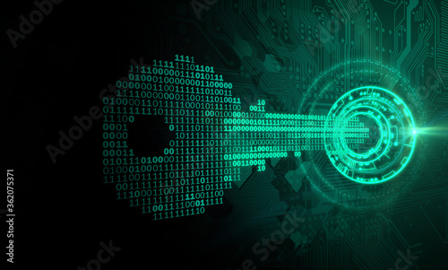 A Cybersecurity Concept Illustration; A Key Formed from Binary Code Goes Into an Abstract Lock