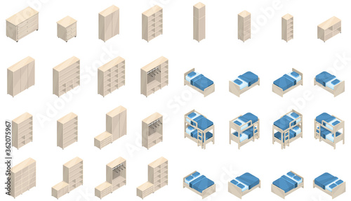 Furniture in isometry. Large beautiful set of new large and small wardrobes and beds.