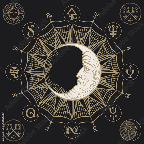 Hand-drawn Moon with magic symbols on the black background. Vector banner with esoteric signs written in a circle in retro style
