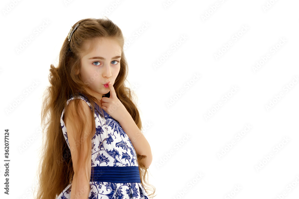 The little girl thinks.Isolated on white background. The little girl thinks.Isolated on white background.