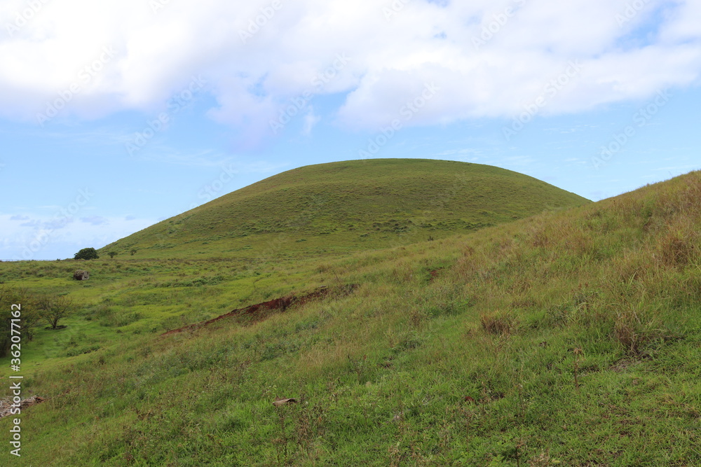 Colline verdoyante de la plage d'Anakena à l'île de Pâques Colline verdoyante de la plage d'Anakena à l'île de Pâques