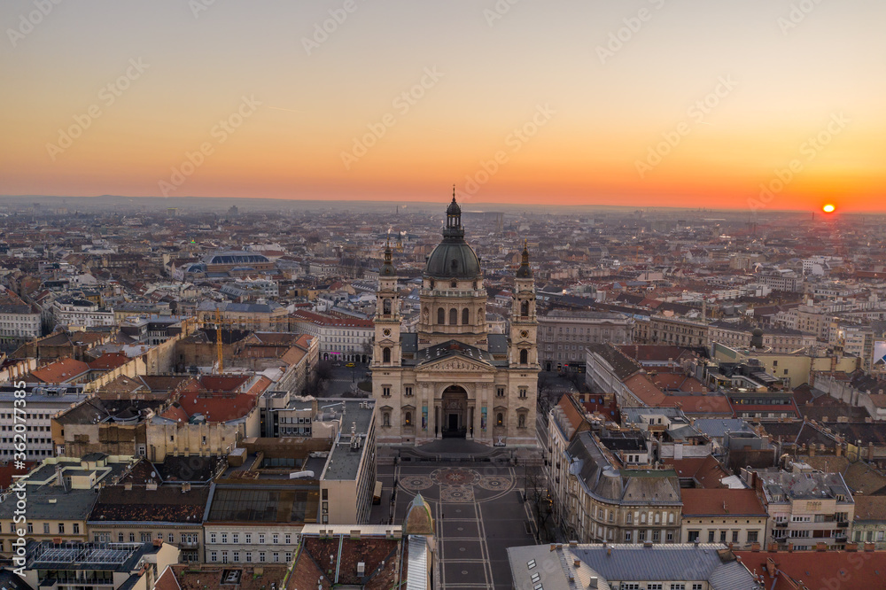 Aerial drone shot of St. Stephen Basilica at Budapest dawn sunrise in morning