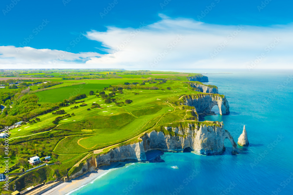 Picturesque panoramic landscape on the cliffs of Etretat. Natural amazing cliffs. Etretat, Normandy, France