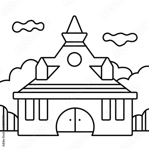 Ancient Sun God Temple in Highland Line Art Vector Illustration
