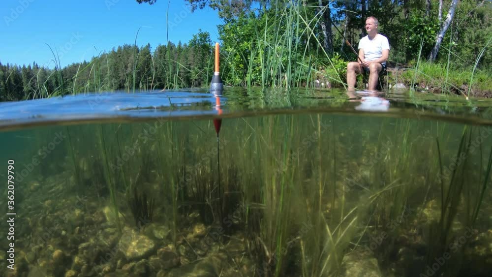 Man fishing on a green pond's coast with underwater view of fishing