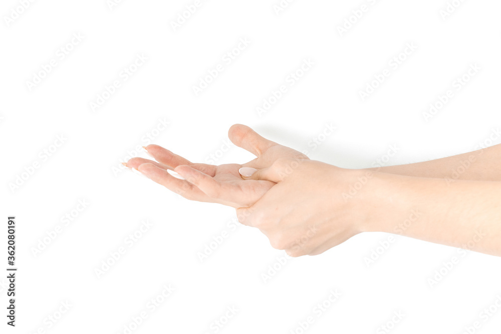 Hand massage. Female finger exercise, stretch therapy for pain wrist protective isolated on white background. Healthy yoga exercise. Woman hand massage for carpal tunnel syndrome protection. Hand massage. Female finger exercise, stretch therapy for pain wrist protective isolated on white background. Healthy yoga exercise. Woman hand massage for carpal tunnel syndrome protection.