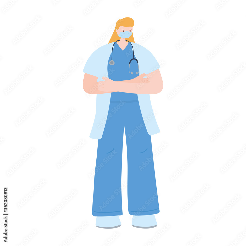 female physician with mask and stethoscope work essential during covid 19, character worker isolated design icon female physician with mask and stethoscope work essential during covid 19, character worker isolated design icon