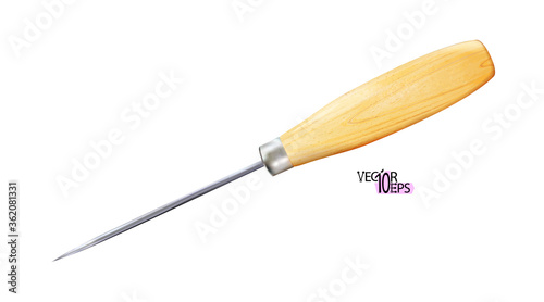 Realistic awl carpenter or shoemaker with wooden handle isolated on a white background. Sharp metal Tool for construction and craft. Vector illustration