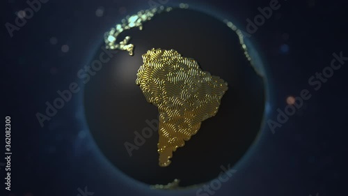 Golden cables form map of South America, telecommunication concept