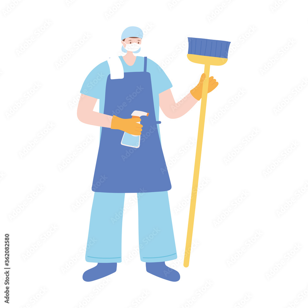 cleaning job person with spray and broom, work essential during covid 19, character worker isolated design icon cleaning job person with spray and broom, work essential during covid 19, character worker isolated design icon