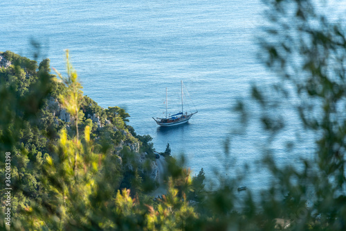 Beautiful sea view with sailing boat yacht, Skopelos, Greece. Yachting, travel concept photo