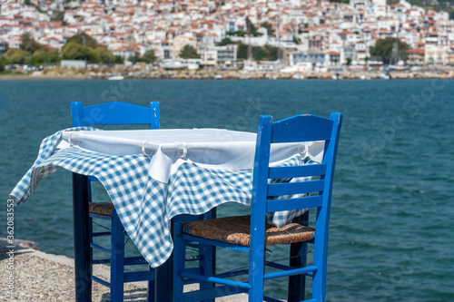 restaurant on the beach. Taverna in Greece. No tourism due to Coronavirus.