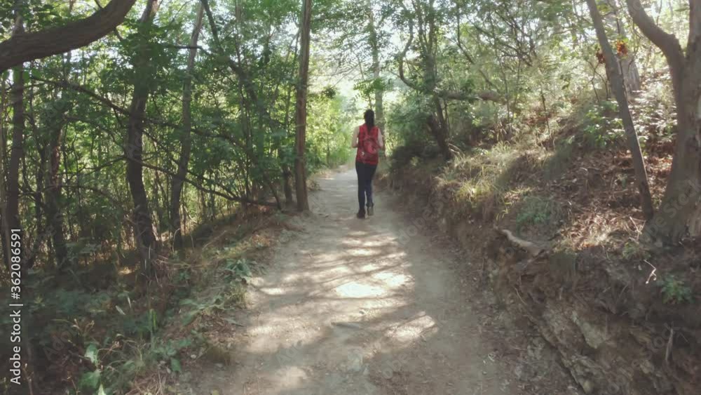 Young Woman Walking In Tight Mountain Forest Path Between Bushes Hiking In Sunny Warm Hot Day Holding Bottled Water Beautiful Nature Landscape With Sun Flares Young Woman Walking In Tight Mountain Forest Path Between Bushes Hiking In Sunny Warm Hot Day Holding Bottled Water Beautiful Nature Landscape With Sun Flares