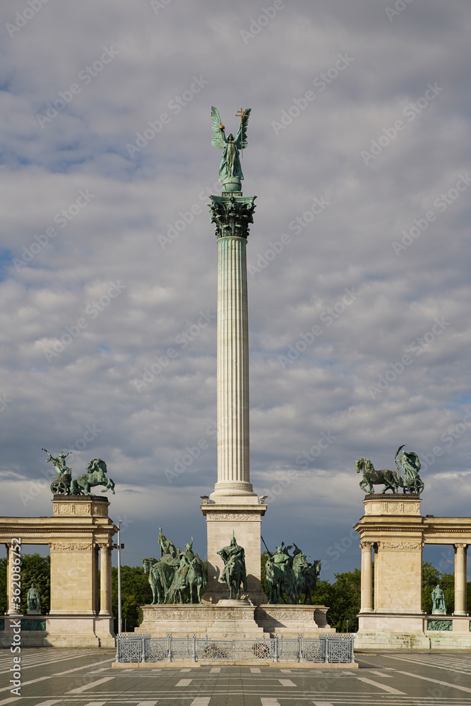 Heroes' Square or the Millennium Monument is the most important attraction of the city. Empty, extinct tourist attraction due to the virus. Budapest, Hungary.