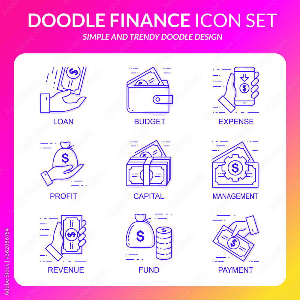 Simple Set of doodle Finance Vector Line Icons with shadow. such as budget, capital, payment, and more. 