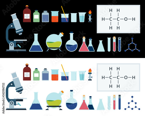 Vector Laboratory Equipment, glassware set. Test tubes, chemistry beakers with liquids, measuring cup vector flat icons. Isolated on white and black