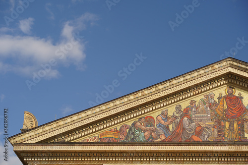 The facade of the art gallery on Heroes' Square. Tourist attraction. "inscription: Museum of Fine Arts" Budapest, Hungary.