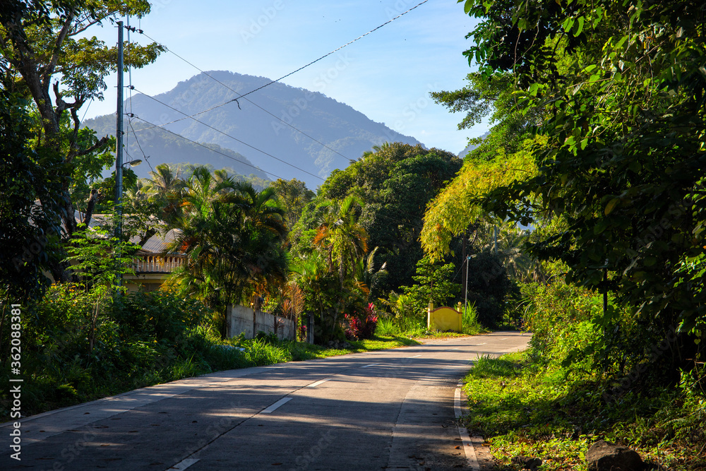 Empty road in tropical island. Summer roadside with mountain and green forest. Motorbike travel in remote location