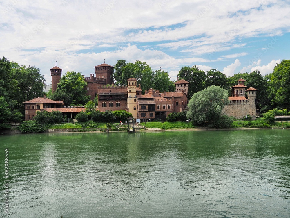 Panoramic view of Po river and Medieval village in Valentino park Turin Italy