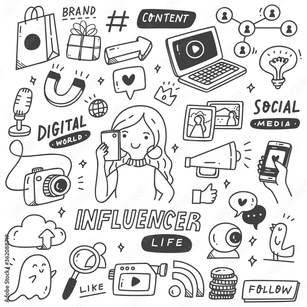Set of Influencer Doodle, Social Media Marketing, Millennial Business Set of Influencer Doodle, Social Media Marketing, Millennial Business