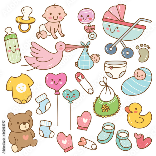 Set of kawaii style baby toys and accessories doodle