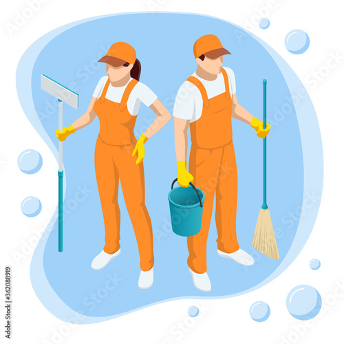 Isometric Washing and Cleaning service concept. Disinfection and cleaning.
