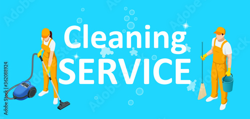 Isometric Washing and Cleaning service concept. Disinfection and cleaning.