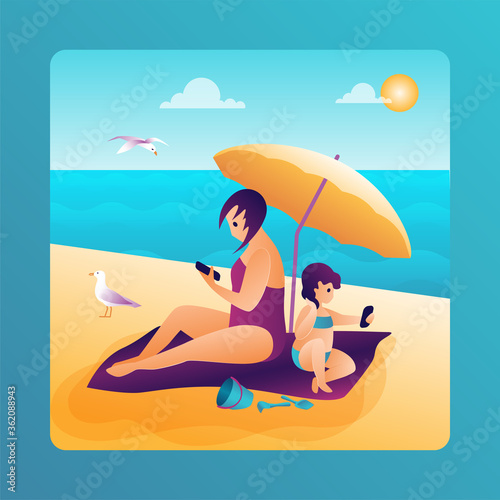 Vector flat illustration. Summer vacation at sea mom and daughter under an umbrella © mirrima