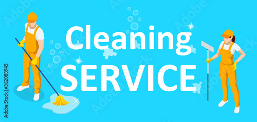 Isometric Washing and Cleaning service concept. Disinfection and cleaning.