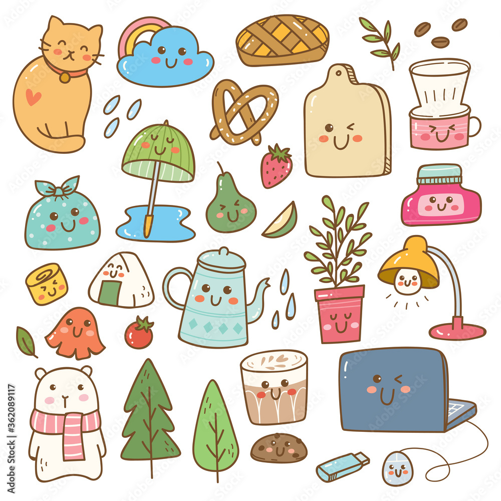 set of kawaii doodles, cute stickers, fashion patches, cute icons, design element vector illustration