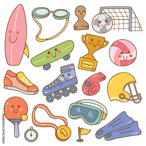 Set of kawaii style sport equipment doodles