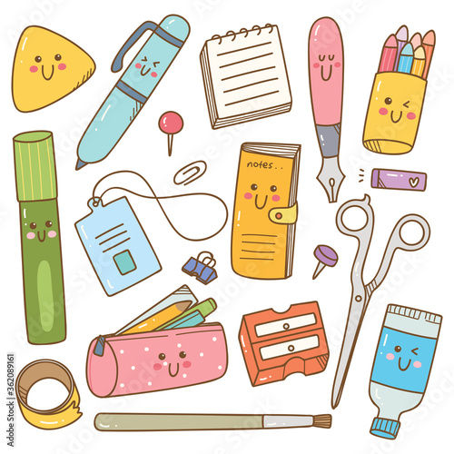Set of kawaii style stationary doodles