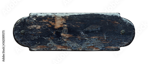 Wooden signboard isolated on white background. Empty withered old black plate, blank sign. Top view. Copy space. Mock up