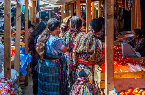 Maya indigenous people on the local market of Solola near the Atitlan Lake, Panajachel, Guatemala. photo