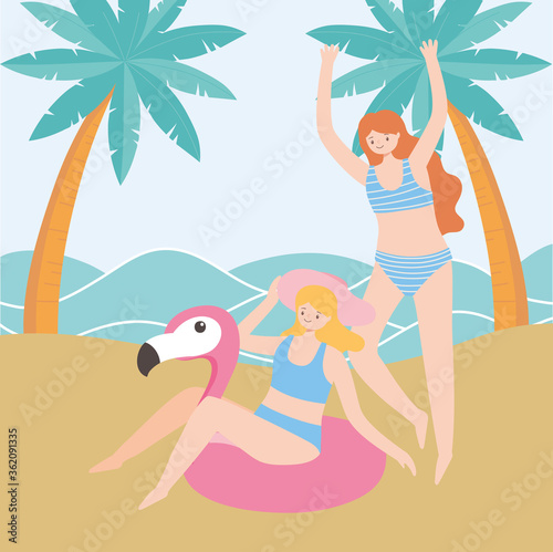 summer time vacation tourism young women with flamingo float in the beach