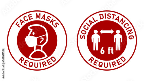 Face Masks Required and Social Distancing Required Round Adhesive Sticker or Badge Icons against the Spread of Coronavirus Covid-19. Vector Image.