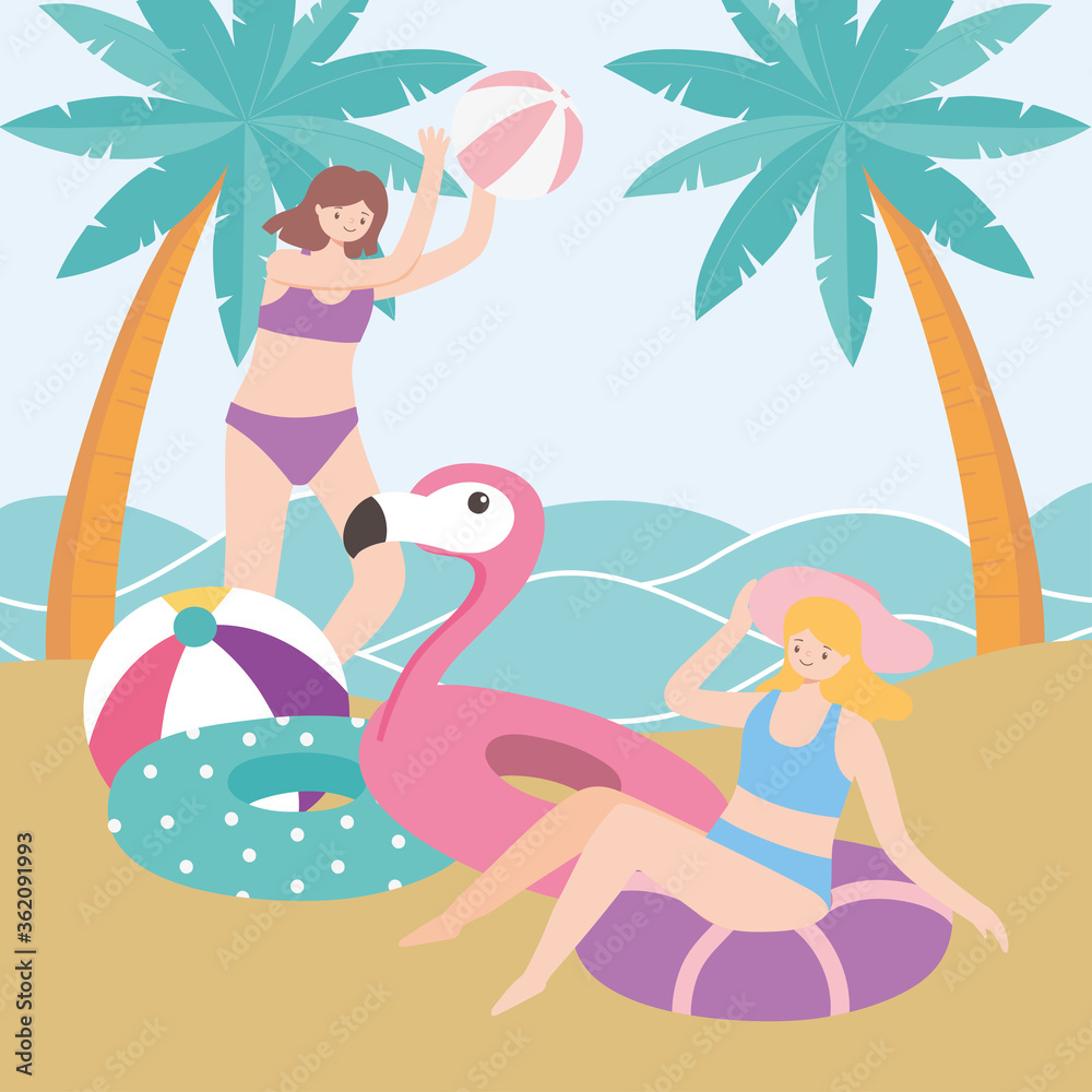 summer time women in swimsuits with an inflatable float beach vacation tourism