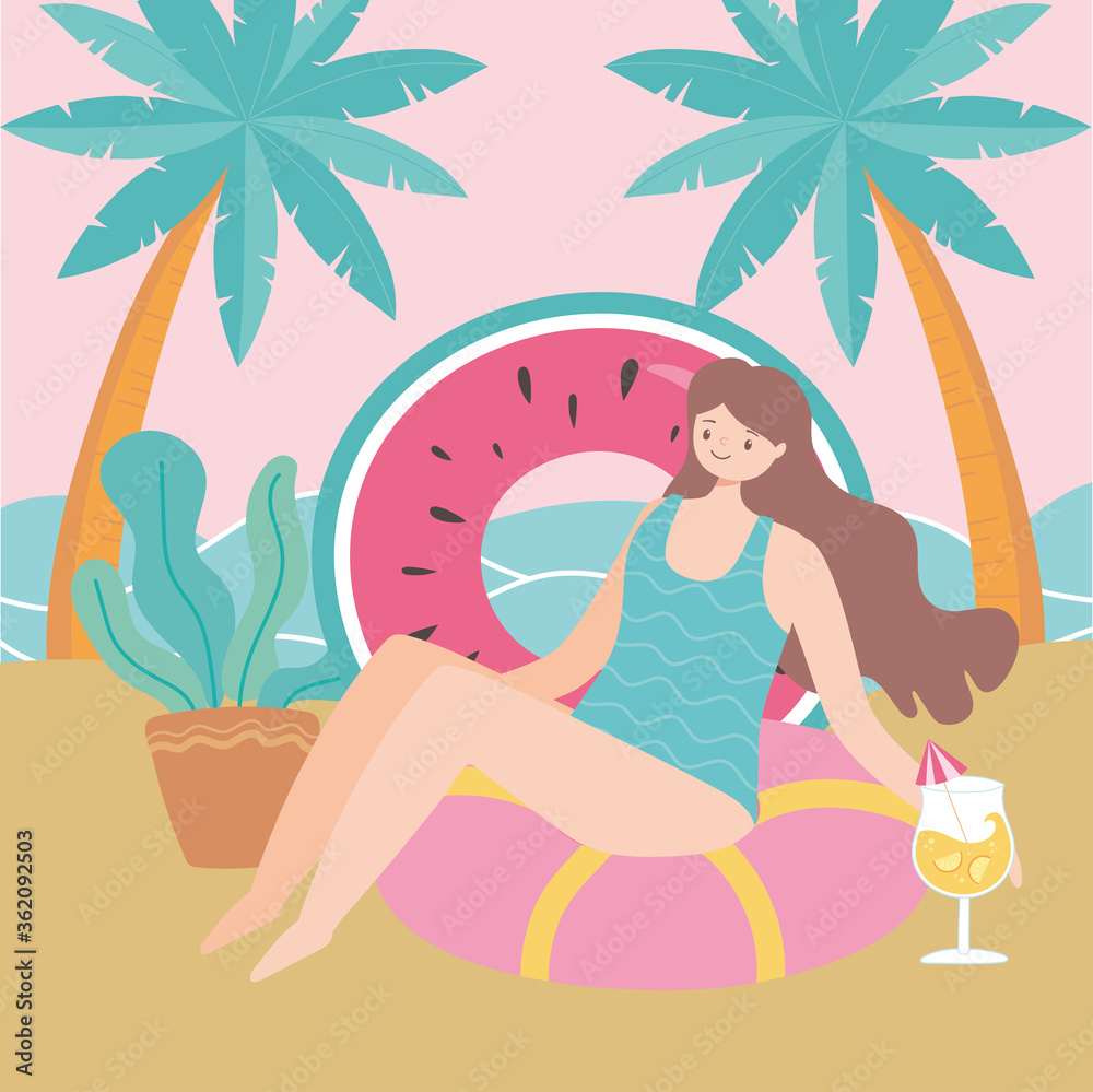 summer time beach girl drinking cocktail relaxing vacation tourism