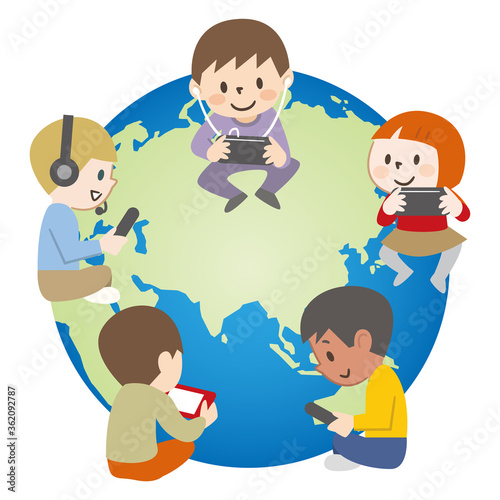 世界中でオンラインでゲームをする子供たち