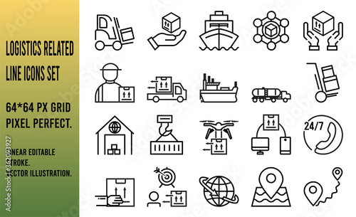 Set of Logistics Related Vector Line Icons. 64x64 px Grid Pixel Perfect. Linear Editable Stroke. Vector Illustration.