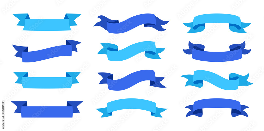 Ribbon blue set cartoon style. Decorative icons, tape blank flat collection. Design for greeting cards, banners or invitations. Ribbons sign for web kit of text banner. Isolated vector illustration